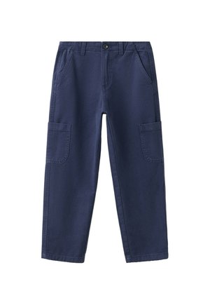Pantalon cargo bleu marine avec poches latérales, passants de ceinture, fermeture boutonnée et jambes droites, présenté sur fond blanc.
