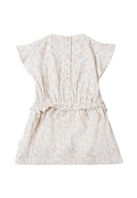 Robe pour bébé avec des manches courtes à volants, couleur beige clair avec un petit imprimé floral, taille élastique et boutons-pression dans le dos.