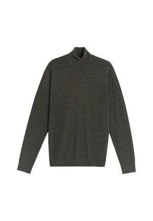 Mörkgrön turtleneck-tröja i mjukt stickat tyg. Har långa ärmar och en åtsittande halsringning, med en enkel, slät textur.