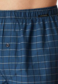 Blue checkered boxers with an elastic waistband, button closure, and contrasting white and dark plaid patterns. Soft fabric texture.