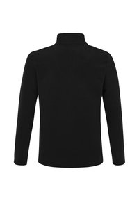 Pullover in pile nero con collo alto e maniche lunghe. Tessuto liscio, senza motivi o dettagli visibili, e orlo dritto in vita.