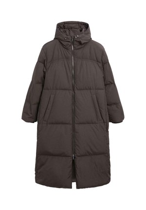 Langer, dunkelbrauner, gepolsterter Wintermantel mit Kapuze, durchgehendem Reißverschluss und seitlichen Taschen.