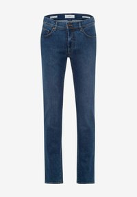 Jeans in denim blu scuro con una vestibilità slim, gambe dritte, design a cinque tasche e chiusura frontale con bottone, caratterizzati da cuciture a contrasto.