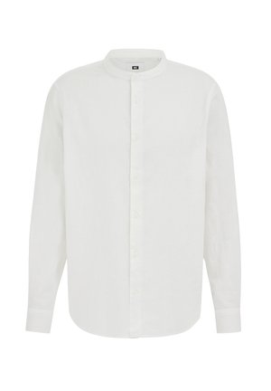 Weißes langärmliges Hemd mit Knöpfen, Stehkragen und sieben Knöpfen vorne, auf einfachem Hintergrund dargestellt.