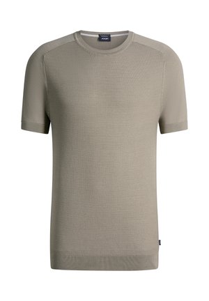 Beiger Strickpullover mit kurzen Ärmeln, rundem Ausschnitt und strukturierter Vorderseite, mit JOOP!-Markenlabel im Innenkragen.