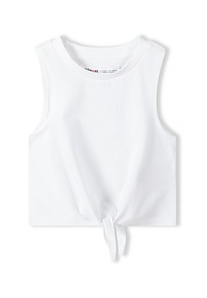Top alb fără mâneci, fabricat din bumbac. Prezintă un detaliu nod la tiv și un decolteu rotund. Textură netedă cu un design ajustat.