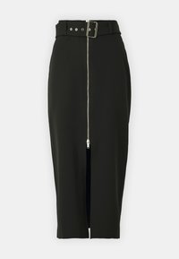 Gonna nera midi realizzata in tessuto morbido, con una zip frontale, vita aderente con cintura e uno spacco all'orlo per facilitare i movimenti.