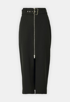 Gonna nera midi realizzata in tessuto morbido, con una zip frontale, vita aderente con cintura e uno spacco all'orlo per facilitare i movimenti.