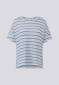 Striped t-shirt made of soft fabric, featuring horizontal blue and white stripes, short sleeves, and a relaxed fit design.
