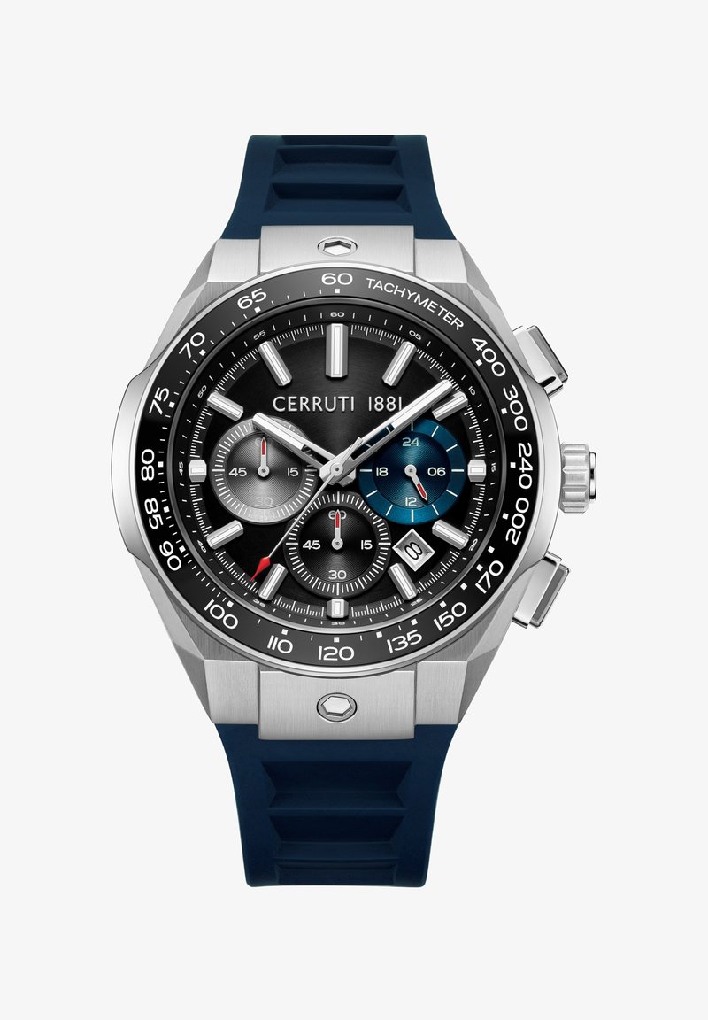 Cerruti 1881 hronogrāfa pulkstenis ar sudraba nerūsējošā tērauda korpusu, melnu ciparnīcu, ziliem akcentiem un zilu gumijas siksniņu; ietver takimetrus un subciparnīcas.