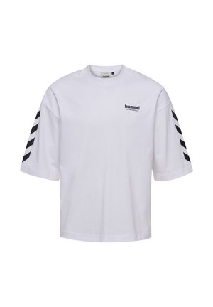 White short-sleeve t-shirt made of cotton featuring a round neck, black "hummel" logo on the chest, and black diagonal stripes on the sleeves.