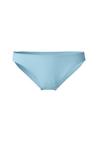 Lichtblauwe katoenen bikini onderkant met een gladde textuur, een laag uitgesneden ontwerp en een brede tailleband voor comfort. Geen zichtbare patronen of versieringen.