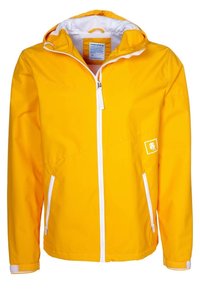 Żółta wodoodporna kurtka z kapturem, przednim zamkiem błyskawicznym, dwoma bocznymi kieszeniami i elastycznymi mankietami. Wykonana z gładkiego, syntetycznego materiału z siateczkową podszewką.