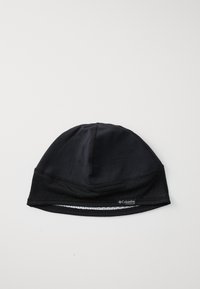 Gorra de running negra hecha de material ligero y que absorbe la humedad, con un diseño ajustado y acentos texturizados cerca de la parte inferior.