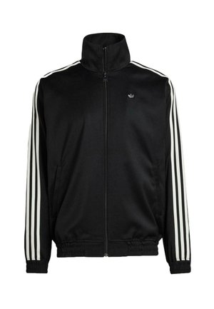 Black zip-up jacket in smooth fabric with high collar and elastic cuffs. Features white three stripes down the sleeves and a small logo.