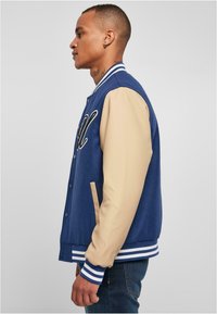 Jachetă de tip varsity navy și bej cu închidere prin butoane, manșete cu dungi și un detaliu mare brodat sub formă de literă pe piept. Textură de țesătură netedă.
