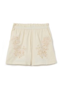 Bermudas de algodón crema con cinturilla elástica, con bordados florales en beige en la parte frontal. Corte recto, textura suave, hasta la rodilla.