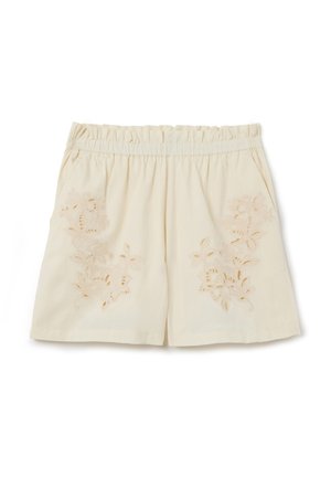 Shorts in cotone crema con vita elasticizzata, caratterizzati da ricami floreali in beige sul davanti. Taglio dritto, texture liscia, lunghezza al ginocchio.