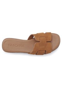 Brown suede slide sandal with a textured upper featuring two wide straps. The footbed is beige with embossed brand name, flat sole design.