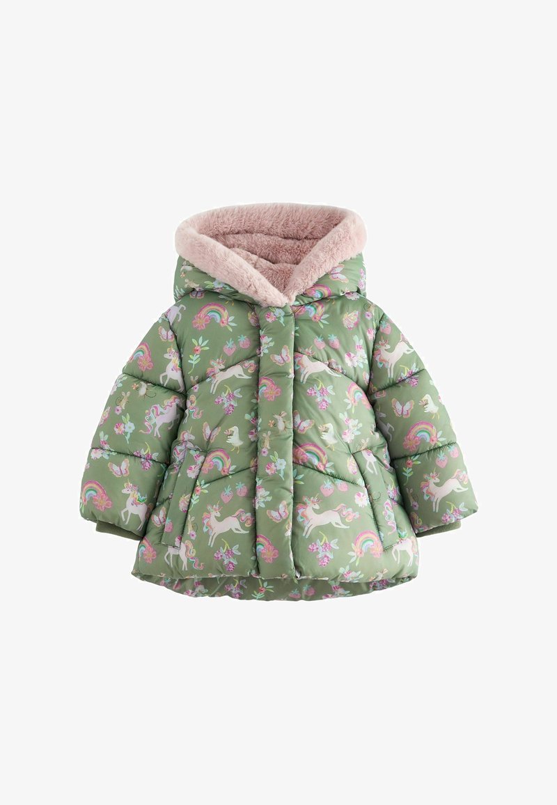 Roheline kvaliteetop coat, millel on kapuuts ja pehme roosa sünteetilisest karvast vooder. Kaunistatud mitmevärviliste ükssarvikute, vikerkaarade ja lillemustriga.