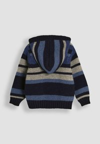Maglione a cappuccio lavorato a maglia con strisce verticali e orizzontali in blu navy, blu e grigio. Presenta polsini e orlo a costine per una vestibilità migliore.