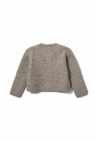 Harmaa, teksturoitu neulepaita, jossa on pitkät hihat ja pyöreä kaula-aukko. Kangas näyttää pehmeältä ja hieman pörröiseltä, ja siinä on lyhyempi, neliömäinen siluetti.