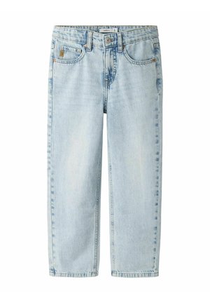 Hellblaue Jeans aus Denim mit hoher Taille, Knopf- und Reißverschluss, Taschen vorne und hinten sowie geradem Bein.