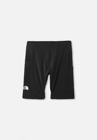 Sorte shorts laget av elastisk stoff, med to sidelommer og et logoakcent på venstre underben. Glatt tekstur, kne-lengde design.