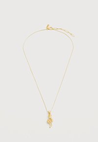 Λεπτή χρυσή αλυσίδα με μικρό μενταγιόν σε σχήμα ενός μοναδικού τριαντάφυλλου με μίσχο και φύλλα.