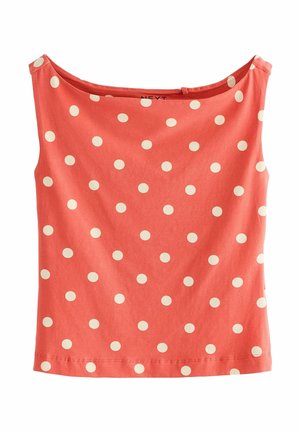 Coral pink sleeveless top with white polka dots, made from soft fabric, featuring a wide neckline and a straight hem.
