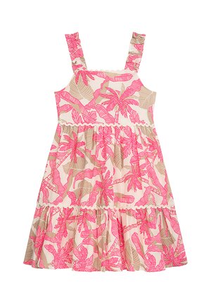 Sleeveless pink and beige tropical print dress with wide straps and a tiered skirt, designed for a child.