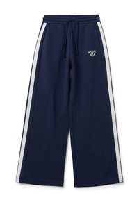 Marineblauwe sweatpants met brede pijpen, een elastische tailleband, een trekkoord en witte zijstripes. Voorzien van een klein geborduurd logo aan de voorkant.