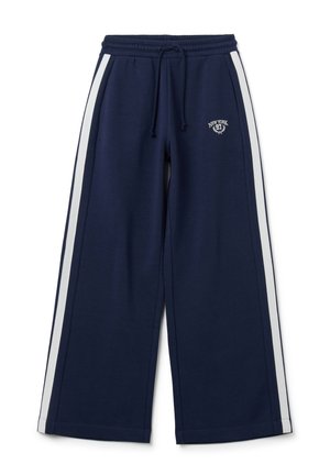 Pantaloni della tuta navy con gambe larghe, vita elasticizzata, cordoncino e strisce laterali bianche. Presenta un piccolo logo ricamato sulla parte anteriore.