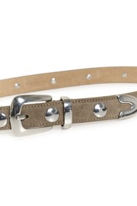 Tan suede belt with a shiny silver metal buckle, circular studs, and small holes along the strap for adjustment.