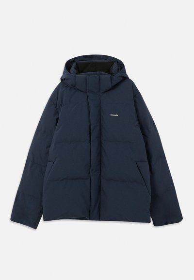 Navy blue padded jacket with a hood, featuring a front zip, two side pockets, and a small logo on the chest. Smooth, water-resistant fabric.