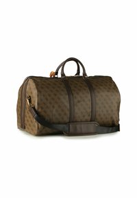 Borsa da viaggio marrone con motivo a fantasia, dettagli in pelle, doppie maniglie, tracolla rimovibile, chiusura con cerniera e superficie texturizzata.