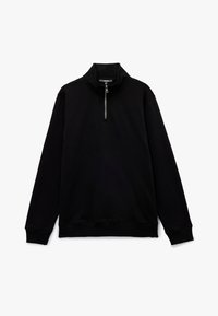 Zwarte kwart-rits pullover met een hoge kraag, gemaakt van een zachte stof. Heeft lange mouwen en ribboorden aan de mouwen en onderkant. Minimalistisch ontwerp.