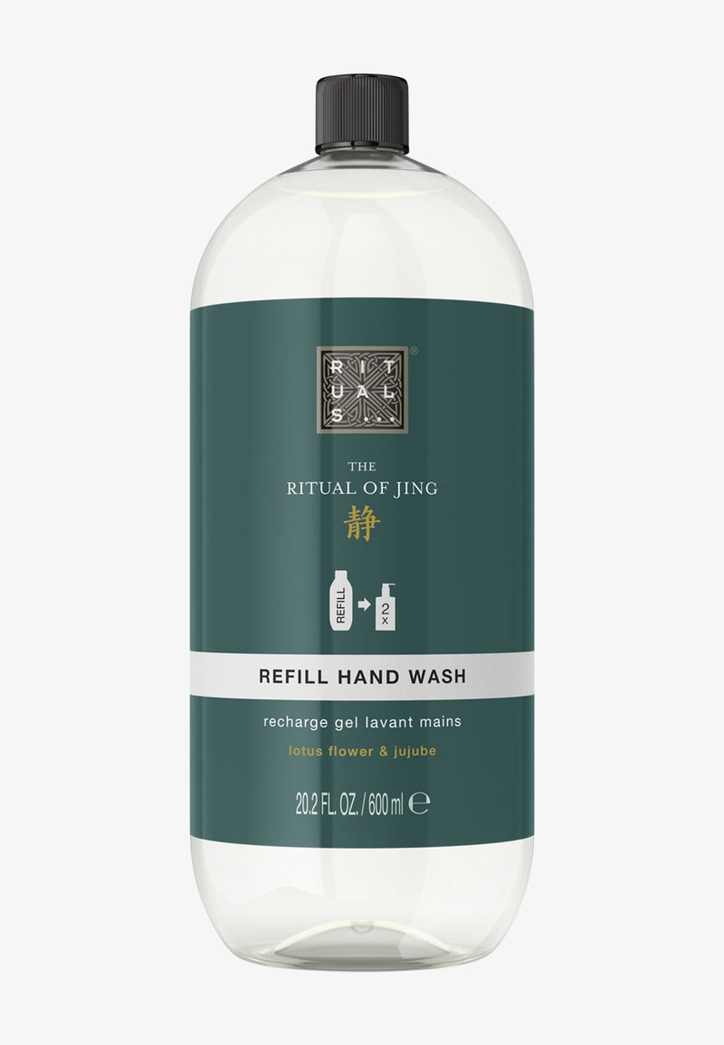 Påfyllingsflaske for håndsåpe, 600 ml. Klar plast med grønt merke. Merket har hvit tekst og en logo. Duft: lotusblomst og jujube.