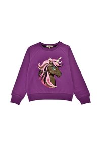 Purple sweatshirt featuring a unicorn design made of sequins. Long sleeves with ribbed cuffs and a round neckline.