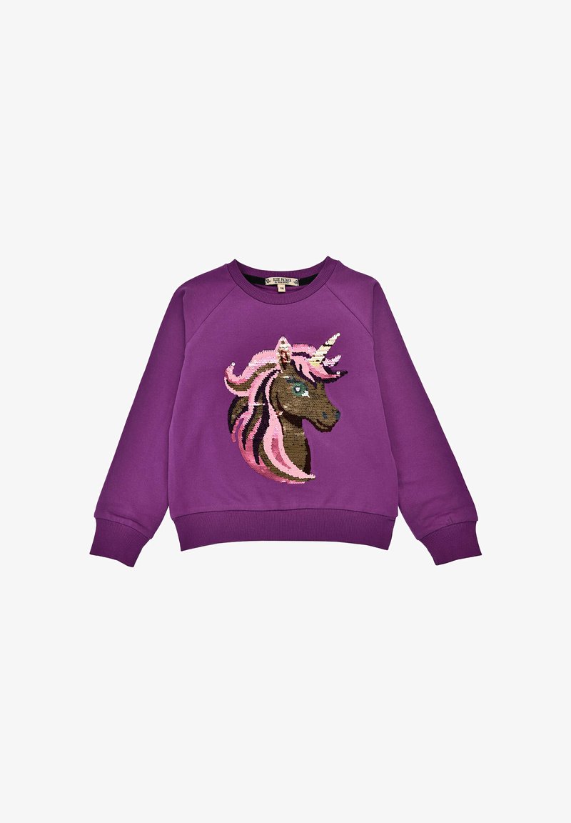 Purple sweatshirt featuring a unicorn design made of sequins. Long sleeves with ribbed cuffs and a round neckline.
