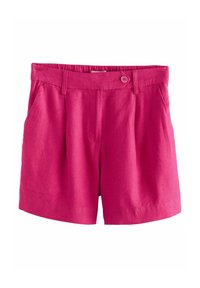Rosa Leinen-Shorts mit strukturierter Oberfläche. Mit mittelhohem Bund, Seitentaschen und einem Knopfverschluss vorne.
