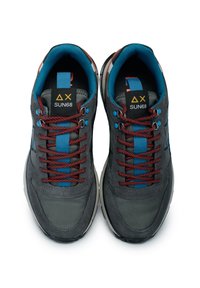 Scarpe sportive grigie con parte superiore in tessuto e scamosciato, dettagli blu, lacci rossi a fantasia e una suola testurizzata, con logo sulla linguetta.