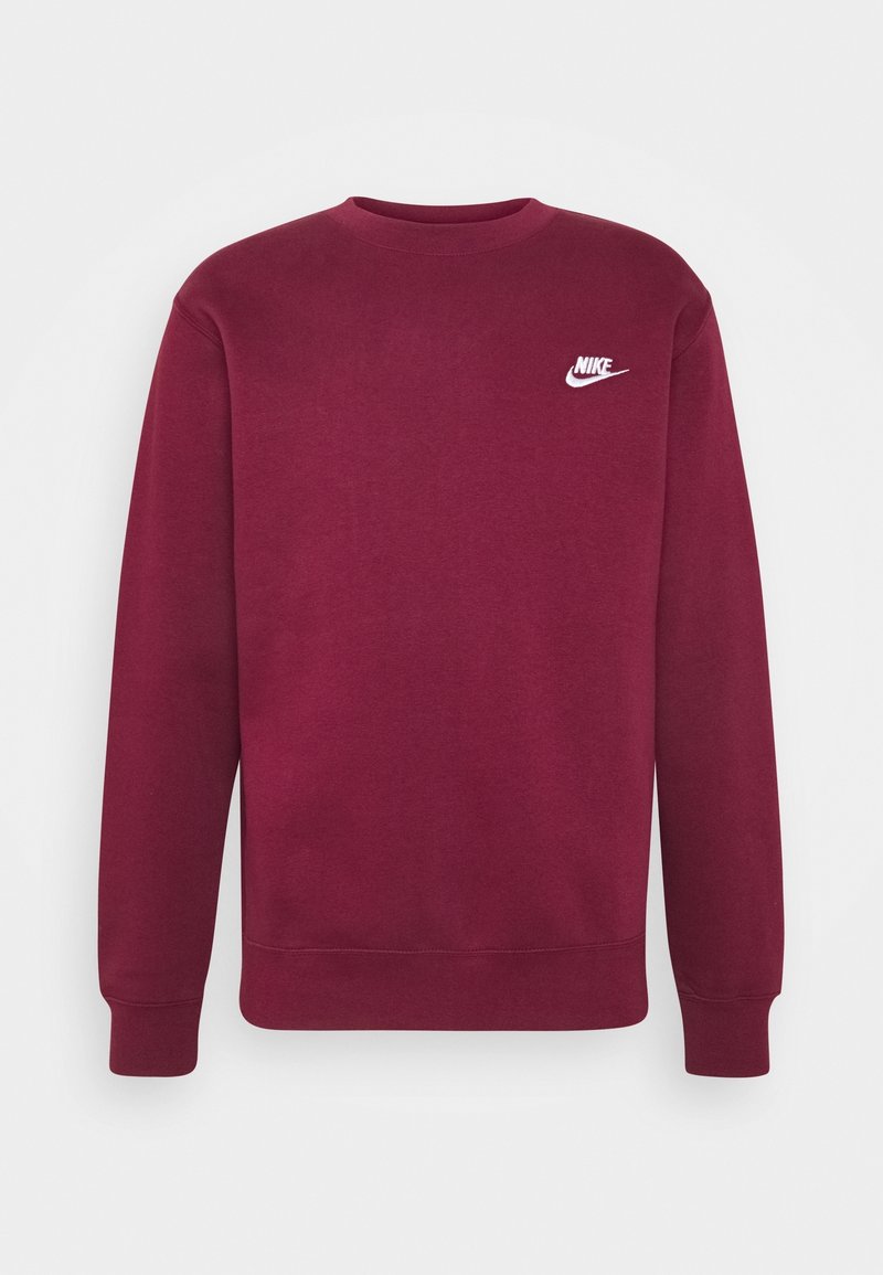 Bordeaux röd långärmad Nike sweatshirt med rund halsringning och vitt broderat Nike-logotyp på vänster bröst.
