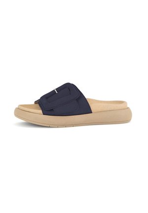 Navy blue slide sandal with a padded upper and a decorative strap, featuring a beige rubber sole and a textured footbed for comfort.
