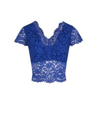 Corte corto in pizzo blu con scollatura a V, maniche corte e bordi ondulati con motivo floreale. Tessuto leggero e trasparente.