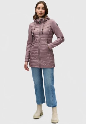 Light mauve puffer jacket with a fitted design, featuring a hood, zippered pockets, and contrasting fabric texture on sleeves.