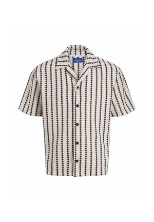 Short-sleeve shirt with a collared neck, featuring a cream background with maroon zigzag patterns and button front closure. Soft textured fabric.