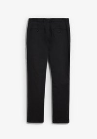Pantalones de algodón negro tipo chino con pierna recta, que presentan una textura suave, bolsillos traseros y un diseño sutil en la cintura.