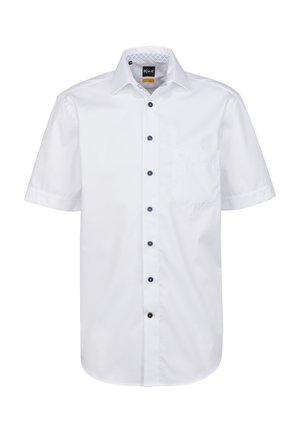 Camicia bianca a maniche corte con un design testurizzato, chiusura frontale a bottoni, bottoni blu e taschino sul petto; dettagli a fantasia all'interno del colletto.