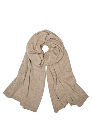 Beige strikkanhal med en blød tekstur, der har et cirkulært twist-design. Enderne er frynset, hvilket tilføjer en subtil detalje.